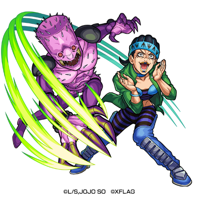 「木属性　★5 屈折した囚人 グェス （進化合成後）　CV：種市桃子」（C）LUCKY LAND COMMUNICATIONS/集英社・ジョジョの奇妙な冒険SO製作委員会（C）XFLAG