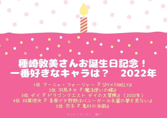 [種崎敦美さんが演じた中で一番好きなキャラクターは？ 2022年版]ランキング1位～5位を見る