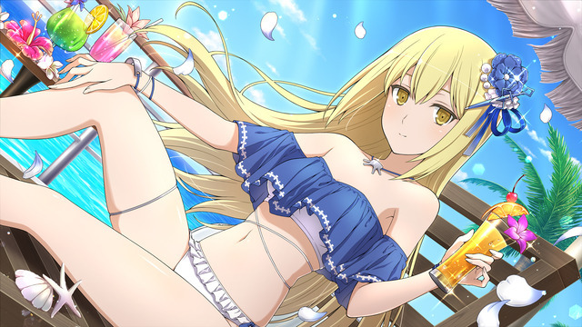 『ダンジョンに出会いを求めるのは間違っているだろうかIV』×『シノビマスター 閃乱カグラ NEW LINK』＜閃乱覚醒後＞【URアイズ(水着)】（C）大森藤ノ・SBクリエイティブ/ダンまち4製作委員会（C）Marvelous Inc.