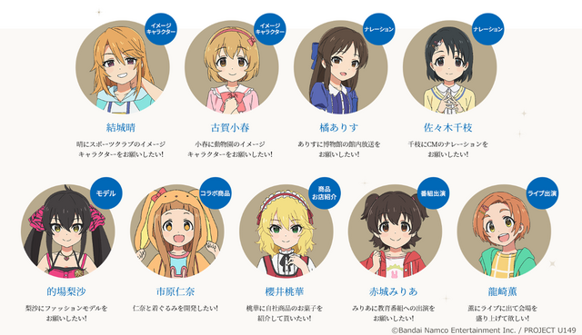 「リアル第3芸能課プロジェクト」キャラクター一覧（C）Bandai Namco Entertainment Inc. / PROJECT U149