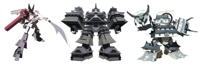 『城郭合体オシロボッツ』オシロボット（左から会津若松城、熊本城、高松城）（C）MIXI