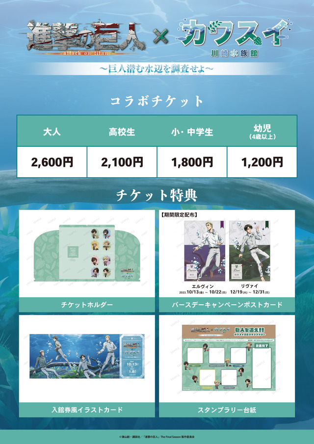 「進撃の巨人×カワスイ 川崎水族館　～巨人潜む水辺を調査せよ～」コラボチケット（C）諫山創・講談社／「進撃の巨人」The Final Season製作委員会
