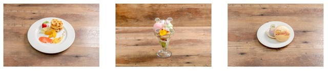 「GiGOコラボカフェ　ふたりはプリキュア Max Heart」ピンクとイエローのフルーツワッフルサンド、光の園の妖精パフェ、もなかアイスサンド（C）東映アニメーション（C）GENDA GiGO Entertainment Inc. All rights reserved.