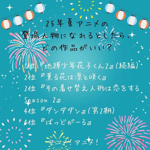 [25年夏アニメの登場人物になれるとしたら、どの作品がいい？]第1位～5位まで一気に発表！