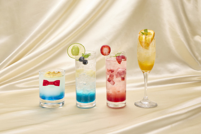 （左から）江戸川コナン レモン・ホワイトウォーター、工藤新一 アップル＆ライムモヒート、毛利蘭 ストロベリーソーダ、鈴木園子 オレンジ＆マンゴーソーダ