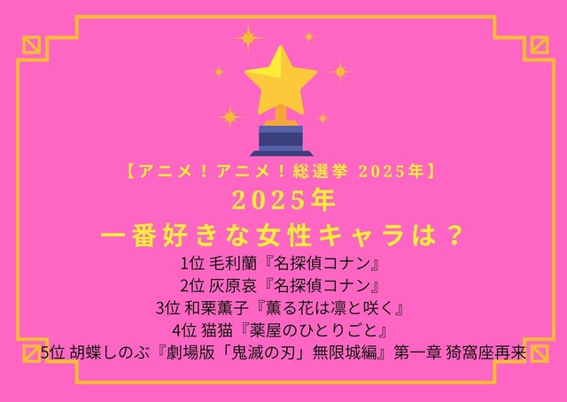 2025年一番好きな女性キャラは？ 第1位～第5位はコチラ