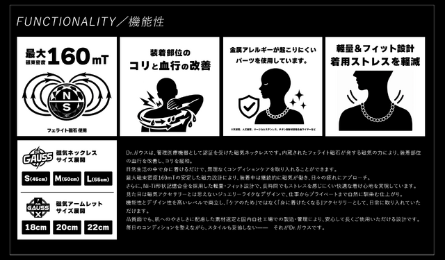 機能性アクセサリー「Dr.ガウス」「Dr.ガウス X」は、「装着部位のこりおよび血行の改善」を目的としている