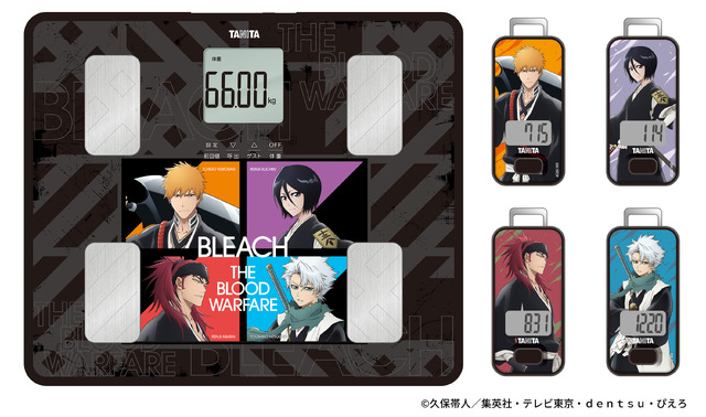 左から通信機能付き音声体組成計、3D センサー搭載歩数計「BLEACH モデル」
