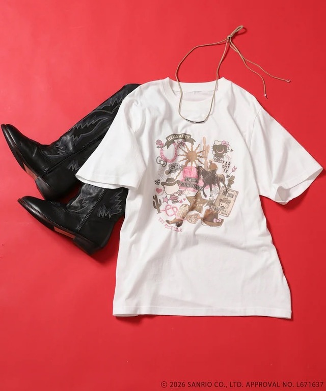 “HELLO KITTY” Giddy Upコラージュ プリントTシャツ　¥5,995 tax in