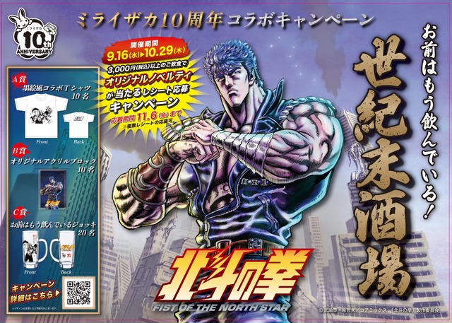 「北斗の拳」“あたたたたたーっ!!北斗百裂拳サワー”でお前はもう酔っている!? “お前はもう飲んでいる”ジョッキは欲しい☆ 居酒屋コラボ開催【9月16日～】