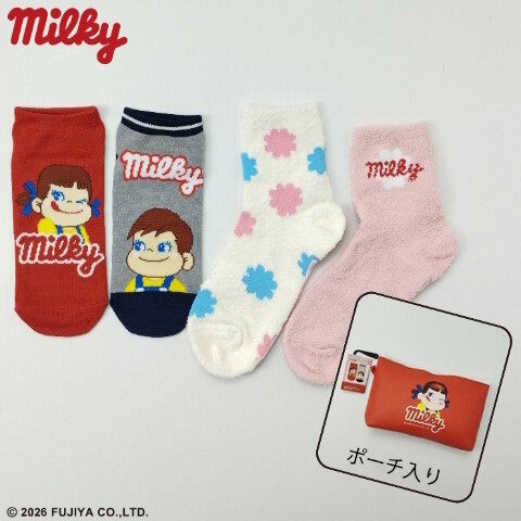 しまむらで「ミルキー」「カントリーマアム」グッズが10月14日発売！ペコちゃんなどをデザインした、4足入りポーチ付きソックス
