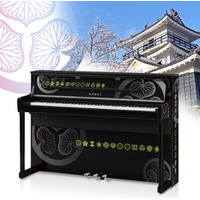 浜松城天守閣に浜松城歴代城主家紋ラッピングピアノを展示